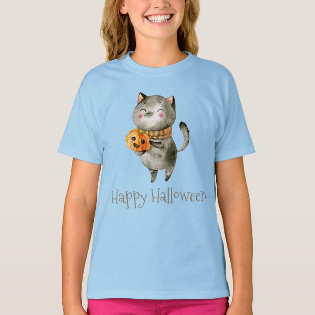 Cute Halloween Cat with Pumpkin Sleeve Shirt (Front)