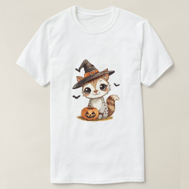 Cute Halloween Cat with Pumpkin T-Shirt (Design Front)