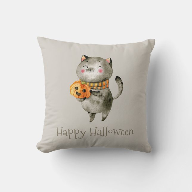 Cute Halloween Cat with Pumpkin | Throw Pillow (Front)