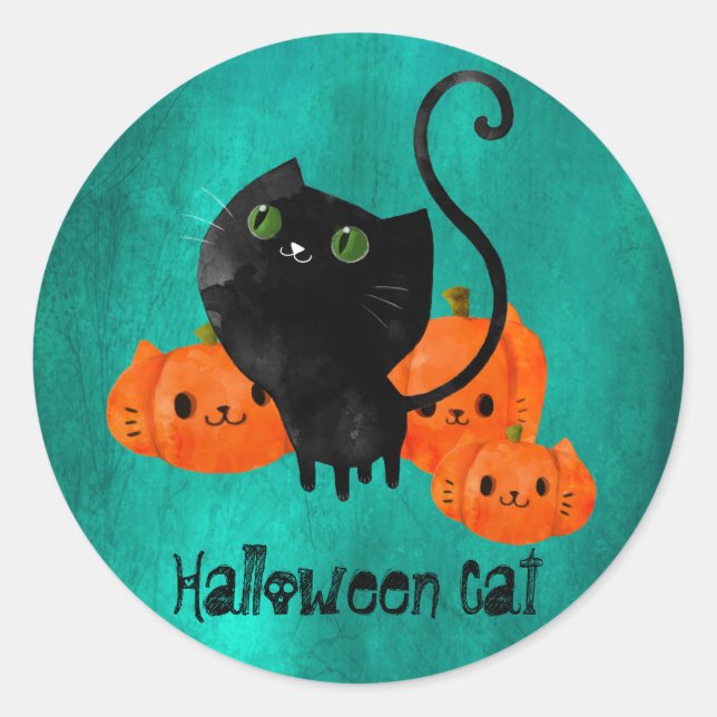Cute Halloween cat with pumpkins Classic Round Sticker (Front)