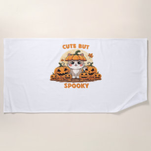 Cute Halloween Cat with Pumpkins – Kawaii Spooky F Beach Towel