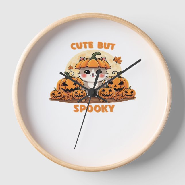 Cute Halloween Cat with Pumpkins – Kawaii Spooky F Clock (Front)