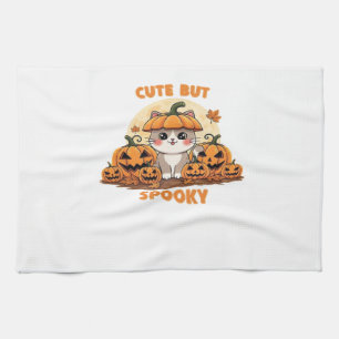 Cute Halloween Cat with Pumpkins – Kawaii Spooky F Tea Towel