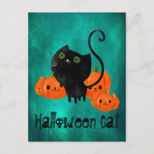 Cute Halloween cat with pumpkins Postcard