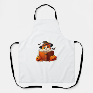 Cute Halloween Cat with Witch Hat Reading Hallowee Apron