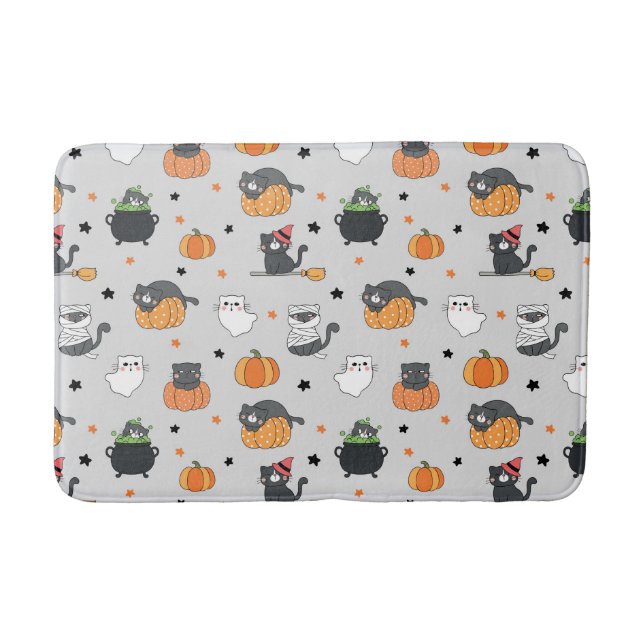 Cute Halloween Cats and Ghosts Pattern Bath Mat (Front)