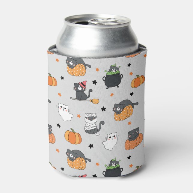 Cute Halloween Cats and Ghosts Pattern Can Cooler (Can Front)