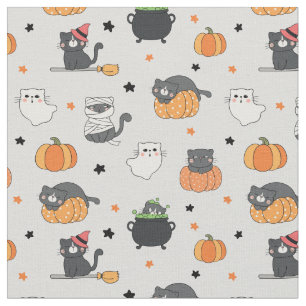 Cute Halloween Cats and Ghosts Pattern Fabric