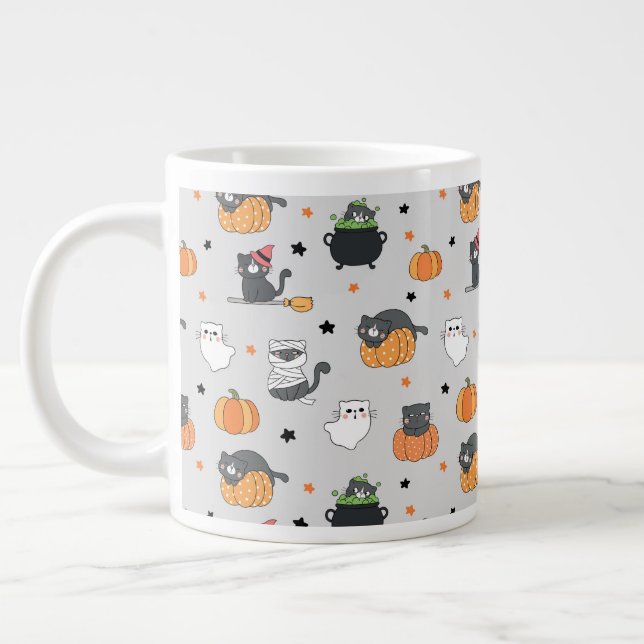 Cute Halloween Cats and Ghosts Pattern Large Coffee Mug (Left)