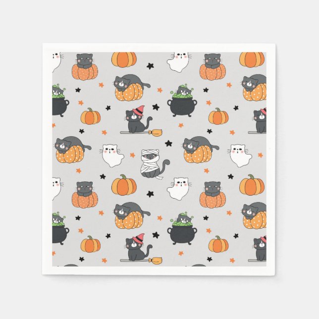 Cute Halloween Cats and Ghosts Pattern Napkin (Front)