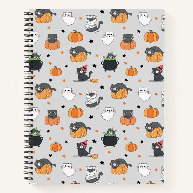 Cute Halloween Cats and Ghosts Pattern Notebook (Front)