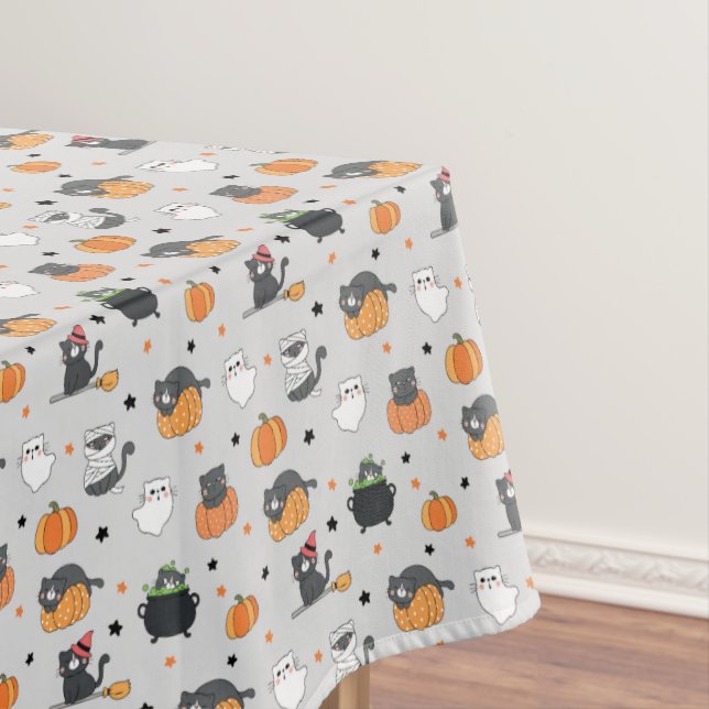 Cute Halloween Cats and Ghosts Pattern Tablecloth (In Situ)