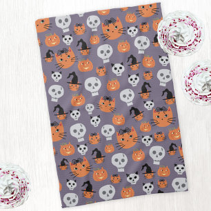 Cute Halloween Cats and Skulls Spooky Tea Towel