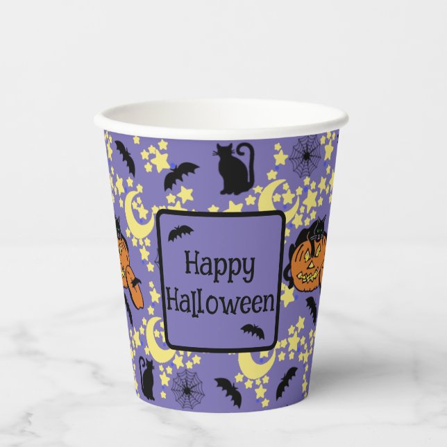 Cute Halloween Cats, Bats and Stars Paper Cups (Front)
