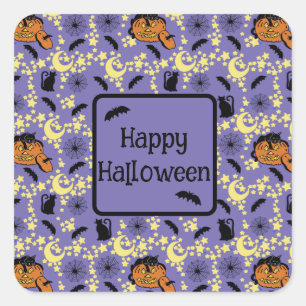Cute Halloween Cats, Bats and Stars Square Sticker