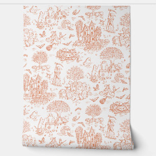 Cute Halloween Cats Toile de Jouy - Orange & White Wallpaper