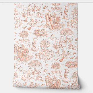 Cute Halloween Cats Toile de Jouy - Orange & White Wallpaper