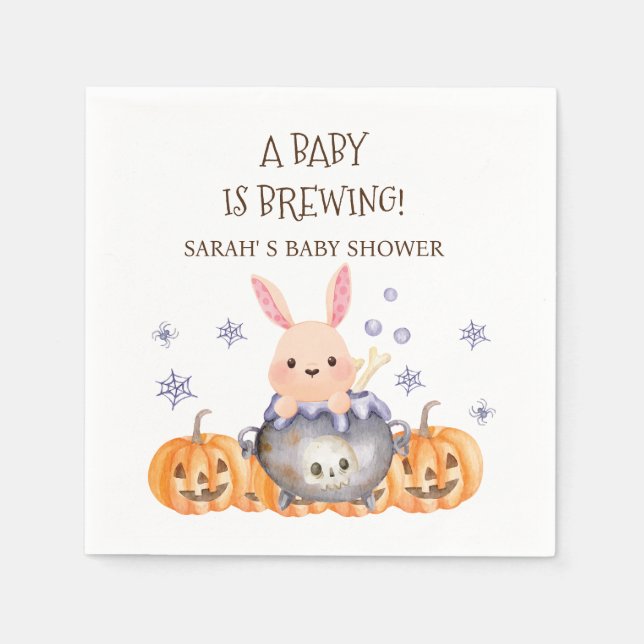 Cute Halloween Cauldron Baby is Brewing Shower Napkin (Front)