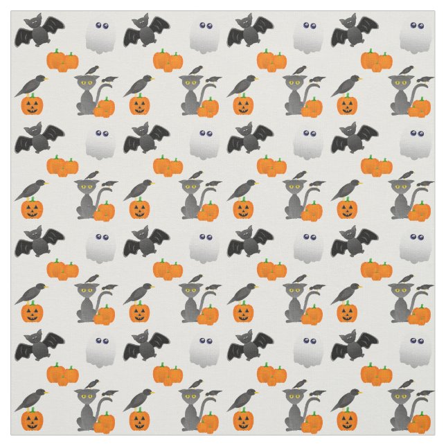 Cute Halloween character Bat, cat, pumpkin, ghost Fabric (Swatch)