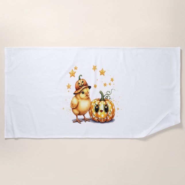 Cute Halloween Chick Pumpkin Beach Towel (Front)