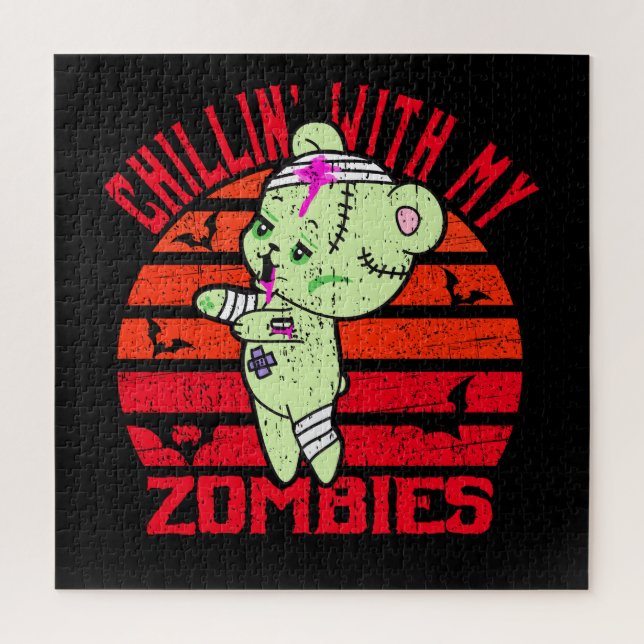 Cute Halloween Chillin' with My Zombies Teddy Bear Jigsaw Puzzle (Vertical)