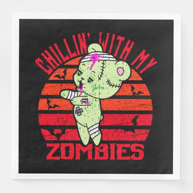 Cute Halloween Chillin' with My Zombies Teddy Bear Napkin (Front)