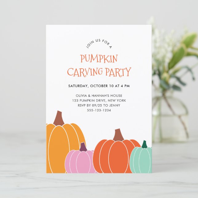 Cute Halloween Colourful Pumpkin Carving Party Invitation (Standing Front)