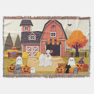 Cute Halloween cow and farm Throw Blanket