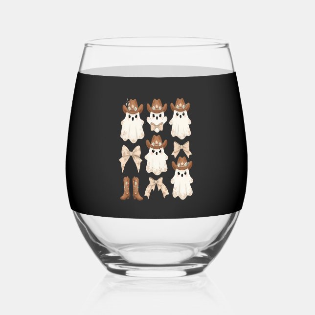 Cute Halloween Cowboy Ghost Stemless Wine Glass (Front)