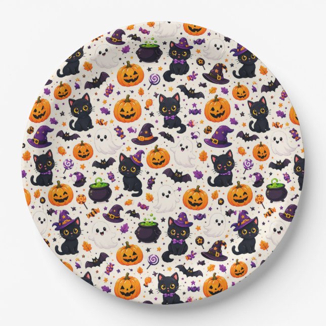 Cute Halloween Creatures Pattern For Seasonal Use  Paper Plate (Front)