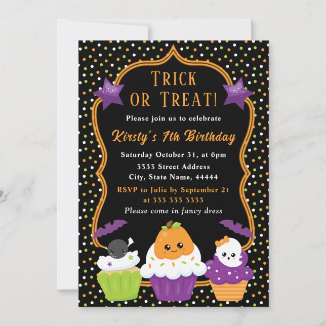 Cute Halloween Cupcakes & Polka Dots Birthday Invitation (Front)