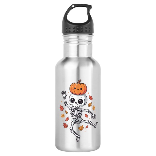 Cute Halloween Dancing Skeleton with Pumpkin Head 532 Ml Water Bottle (Front)