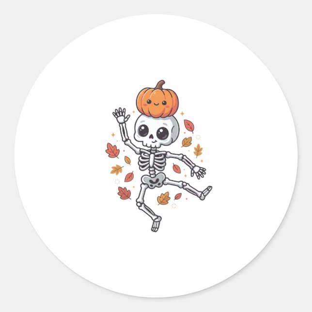 Cute Halloween Dancing Skeleton with Pumpkin Head Classic Round Sticker (Front)