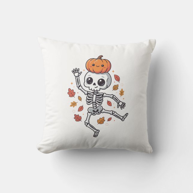 Cute Halloween Dancing Skeleton with Pumpkin Head Cushion (Front)