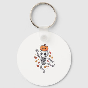 Cute Halloween Dancing Skeleton with Pumpkin Head Key Ring