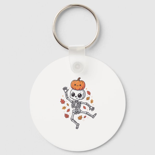 Cute Halloween Dancing Skeleton with Pumpkin Head Key Ring (Front)