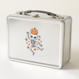 Cute Halloween Dancing Skeleton with Pumpkin Head Metal Lunch Box