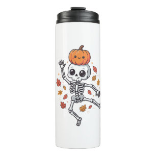 Cute Halloween Dancing Skeleton with Pumpkin Head Thermal Tumbler