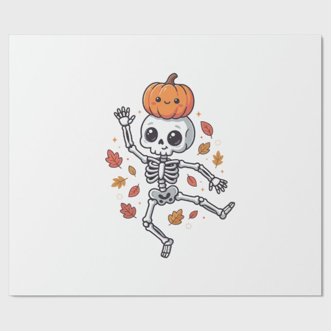 Cute Halloween Dancing Skeleton with Pumpkin Head Wrapping Paper (Flat)