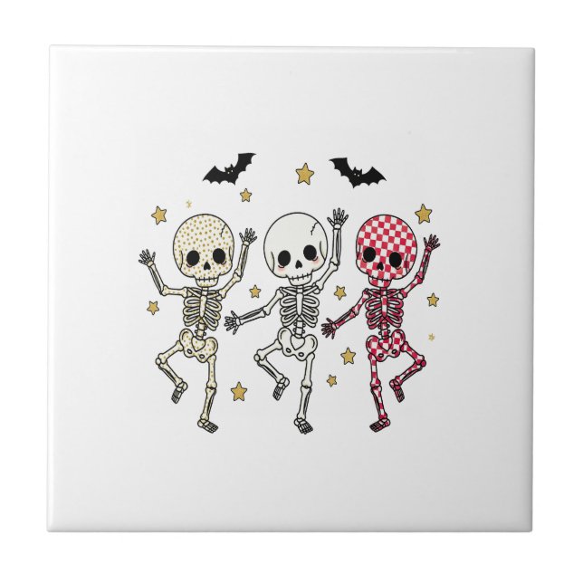 Cute Halloween Dancing Skeletons Ceramic Tile (Front)