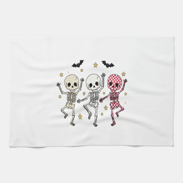 Cute Halloween Dancing Skeletons Tea Towel (Horizontal)