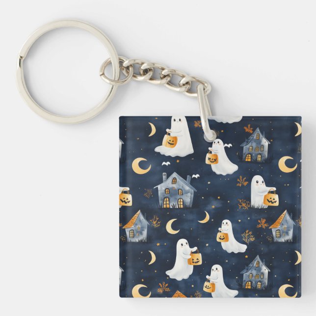 Cute Halloween design with ghosts and pumpkins Key Ring (Front)