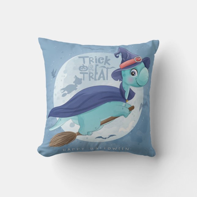 Cute Halloween Dinosaur Witch Moon Flying Bat Cushion (Front)