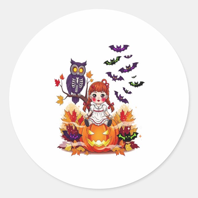Cute Halloween Doll Owl Classic Round Sticker (Front)