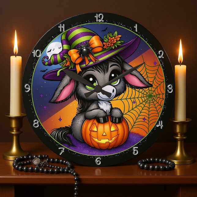 Cute Halloween Donkey Witch Pumpkin Large Clock (Creator Uploaded)