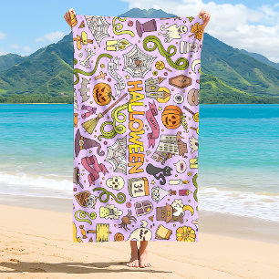 Cute Halloween Doodle Pattern Beach Towel