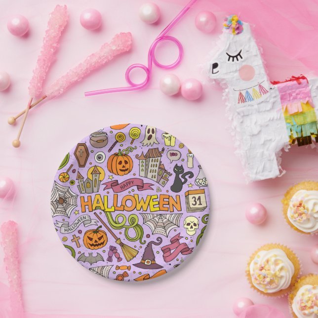 Cute Halloween Doodle Pattern Paper Plate (Party)
