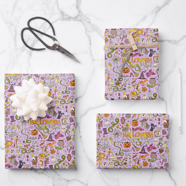 Cute Halloween Doodle Pattern Wrapping Paper Sheet (Front)