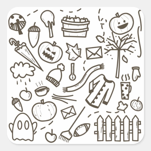 Cute Halloween Doodle Seamless Pattern, Halloween Square Sticker (Front)