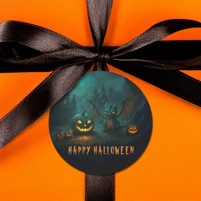 Cute  Halloween Dragon with Scary Pumpkins Classic Round Sticker (Creator Uploaded)